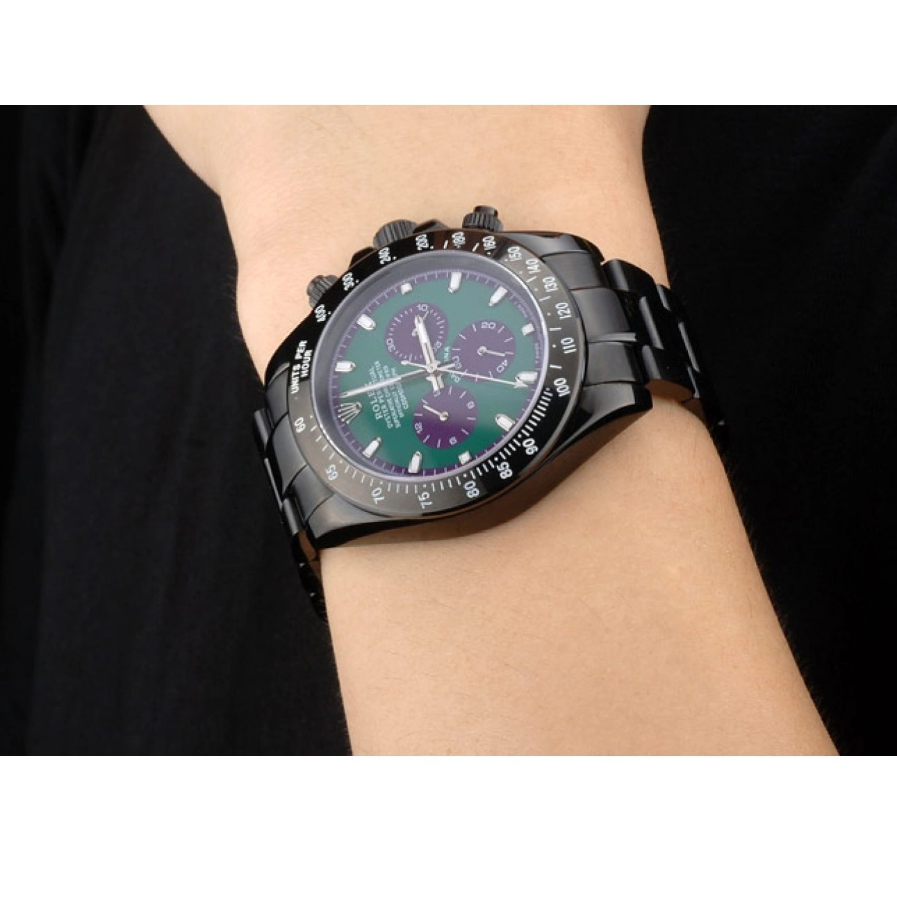 Aaa replica watch 80246 Dial Steel Plated Ion Black Rolex Daytona Strap Stainless Black Green Tachymeter 0626
